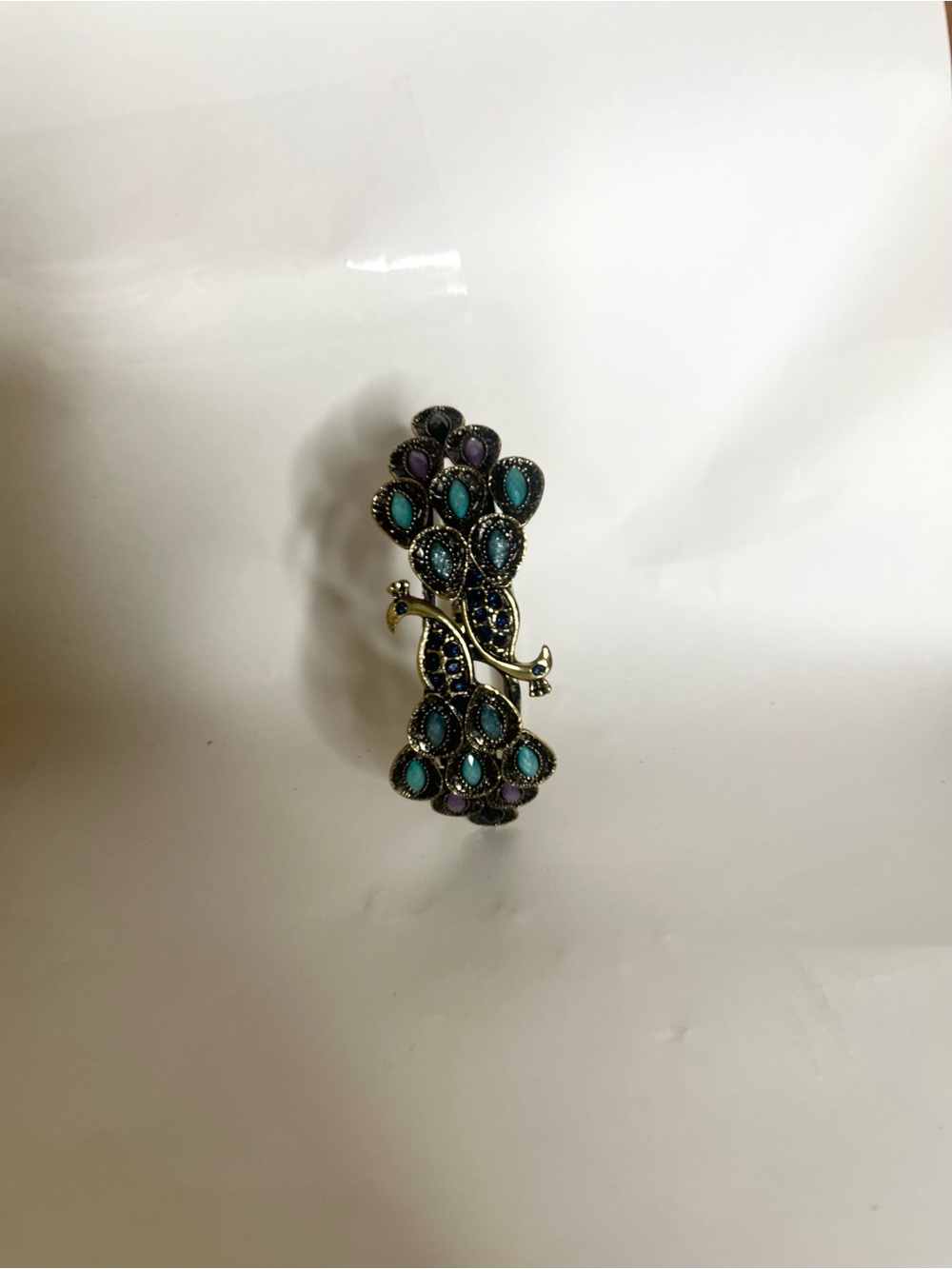 Gold-Tone Peacock Feather cuff Bracelet with Teal and Purple Stones